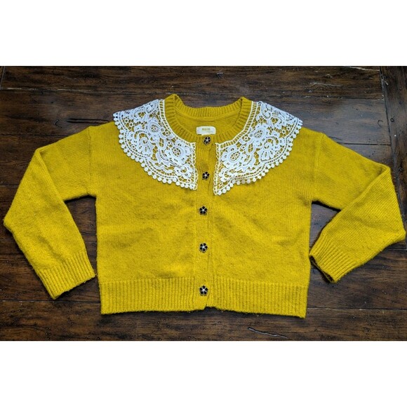 RARE Maeve Anthropologie Yellow Cardigan S Cropped Lace Collar Flower Button - Picture 2 of 13